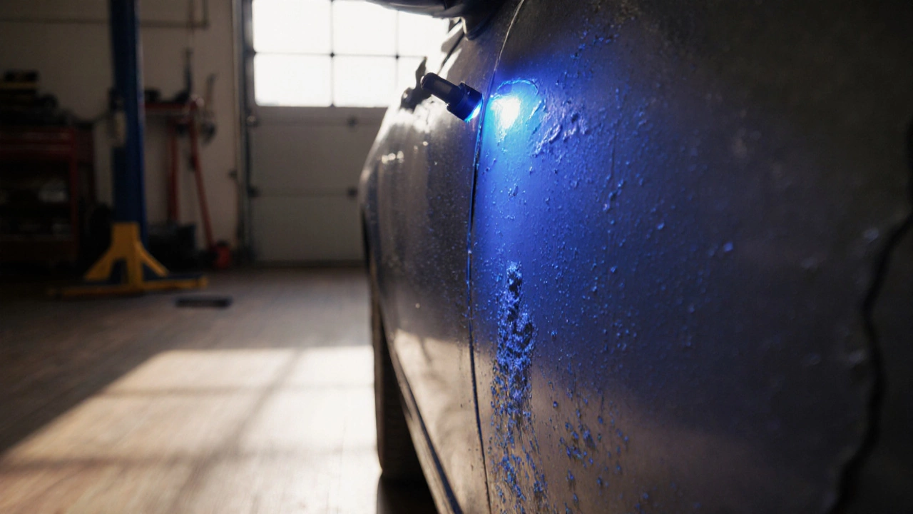 Близкий план дверной панели, показывающий пузырьки, микротрещины и отражения ультрафиолетового света.