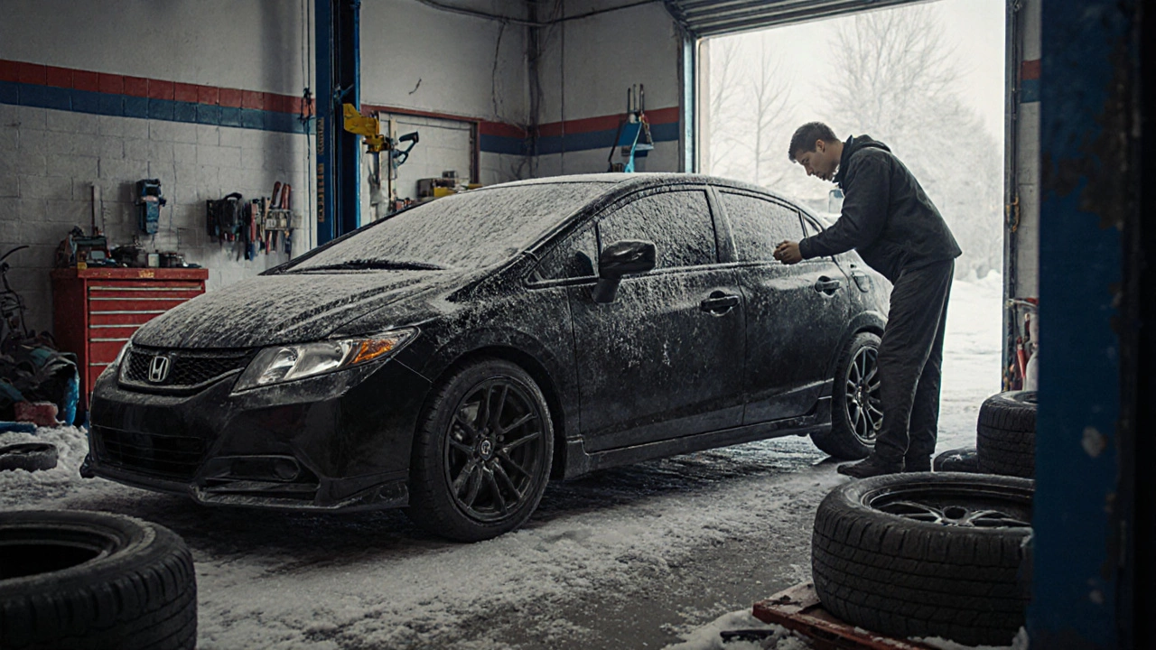 Honda Civic в гараже с тюнинговыми колёсами — целый кузов без следов коррозии.