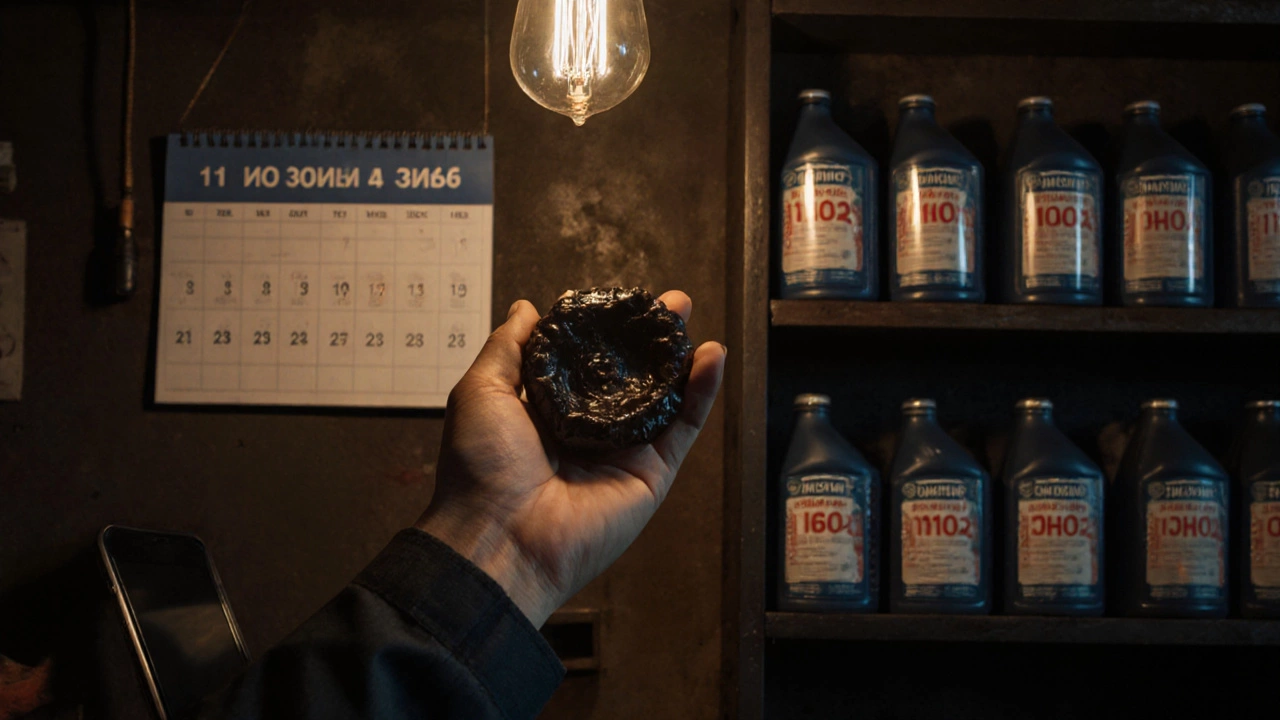 Механик проверяет старое моторное масло в гараже, рядом календарь с напоминанием о замене.