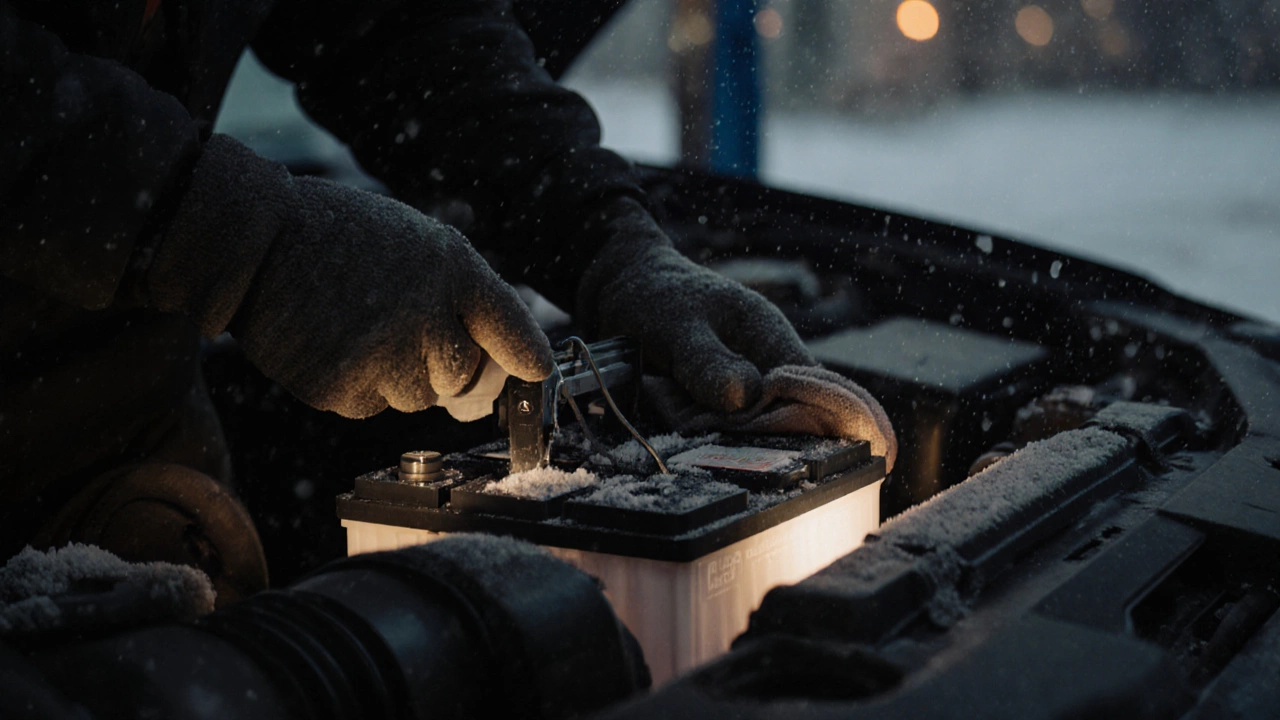 Механик устанавливает новый аккумулятор в морозный двигатель, очищая клеммы.