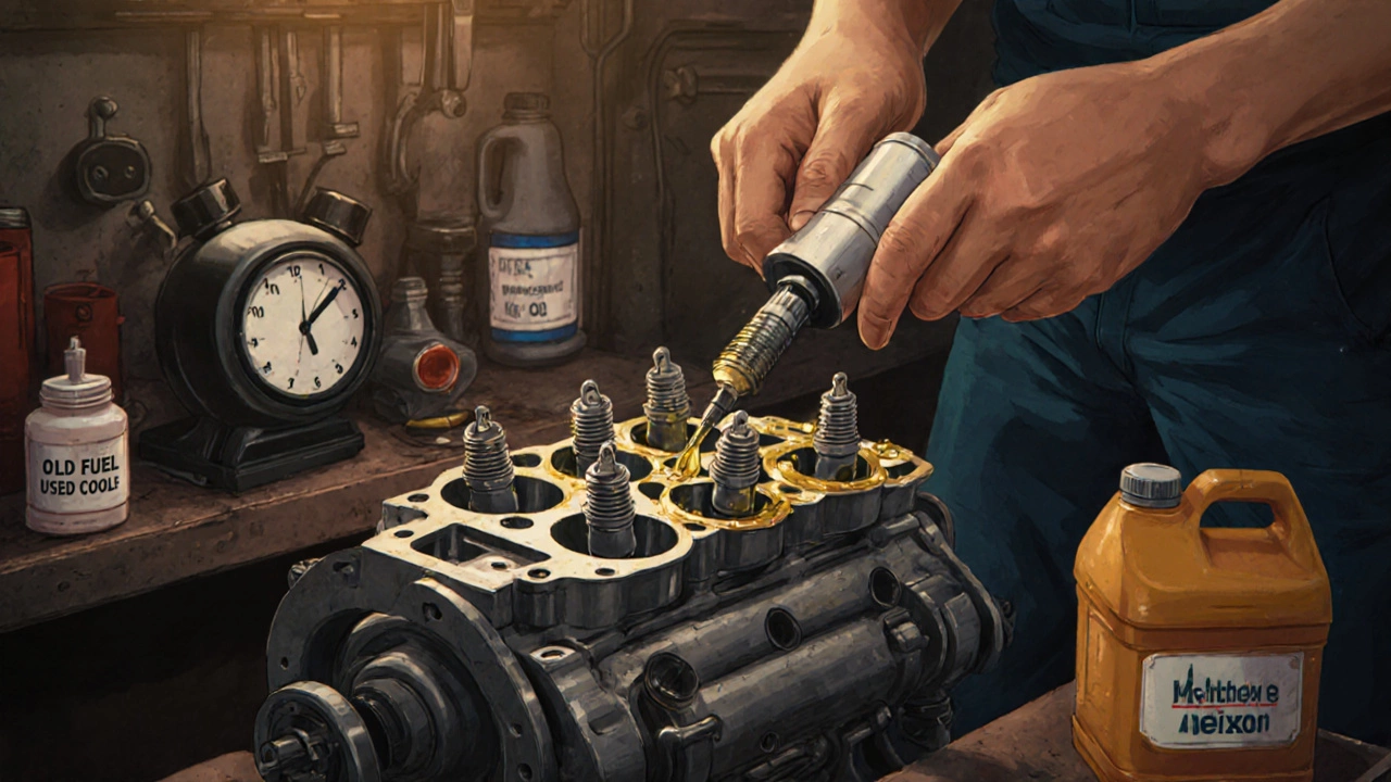 Механик заливает масло в цилиндры двигателя через свечные отверстия