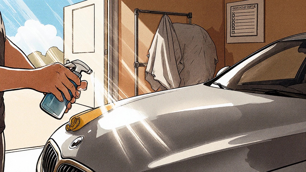 Рука наносит керамическое покрытие на автомобиль в сухом гараже, рядом инструменты и чистый кузов.