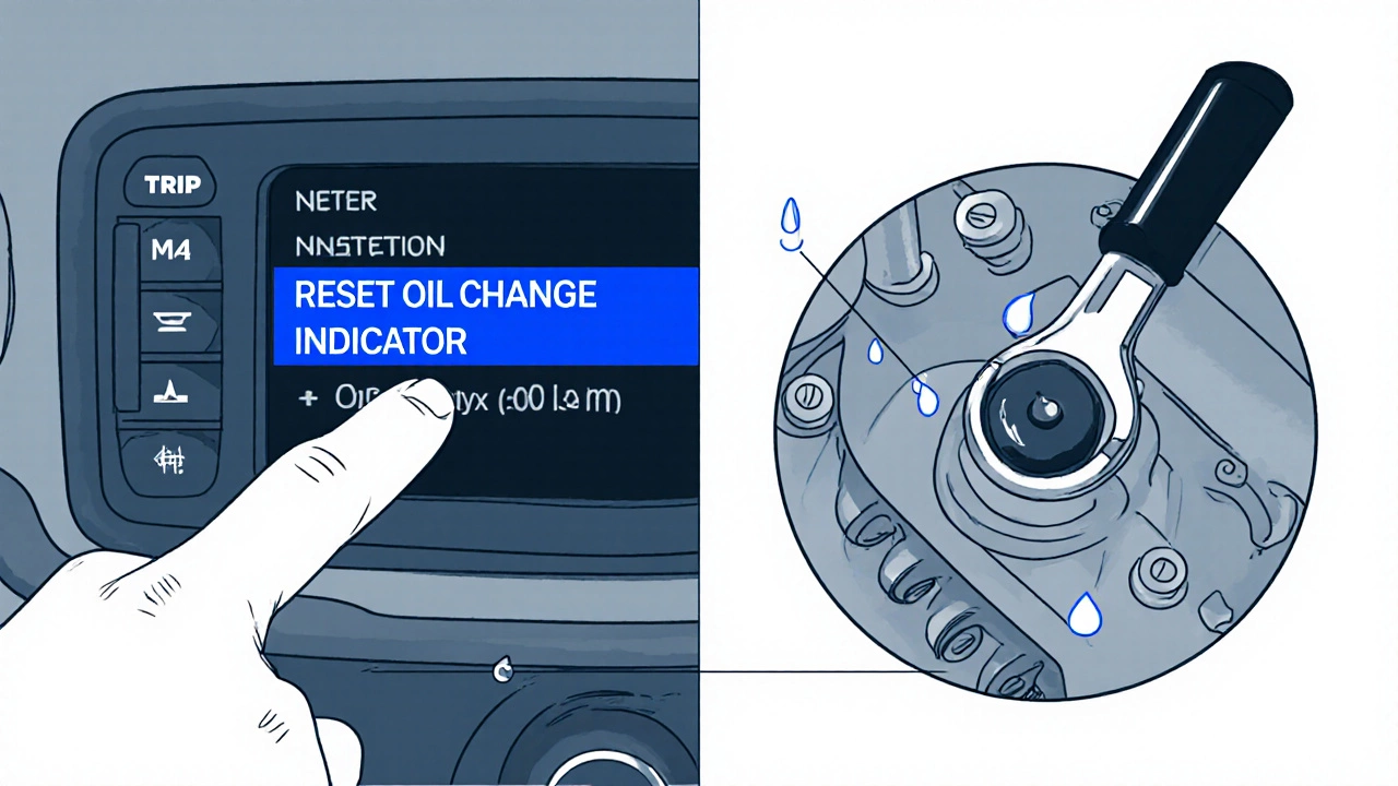 Рука сбрасывает индикатор замены масла, рядом новый масляный фильтр.