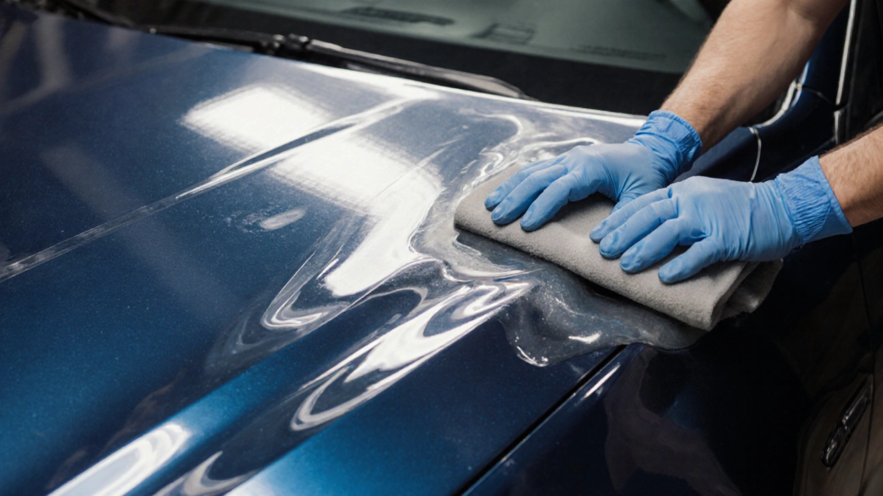 Руки в перчатках наносят керамическое покрытие на блестящую поверхность кузова
