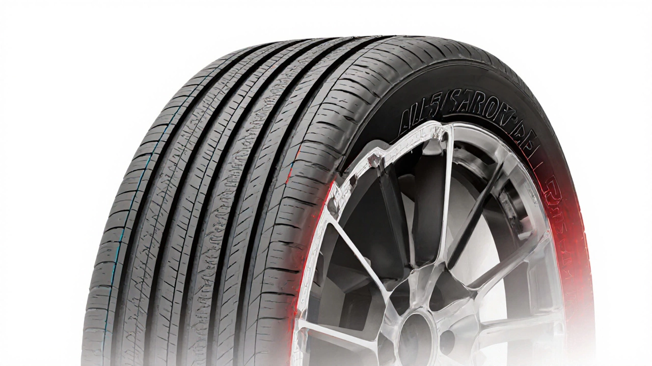 Техническая иллюстрация поперечного среза всесезонной шины с деталями протектора и боковки.