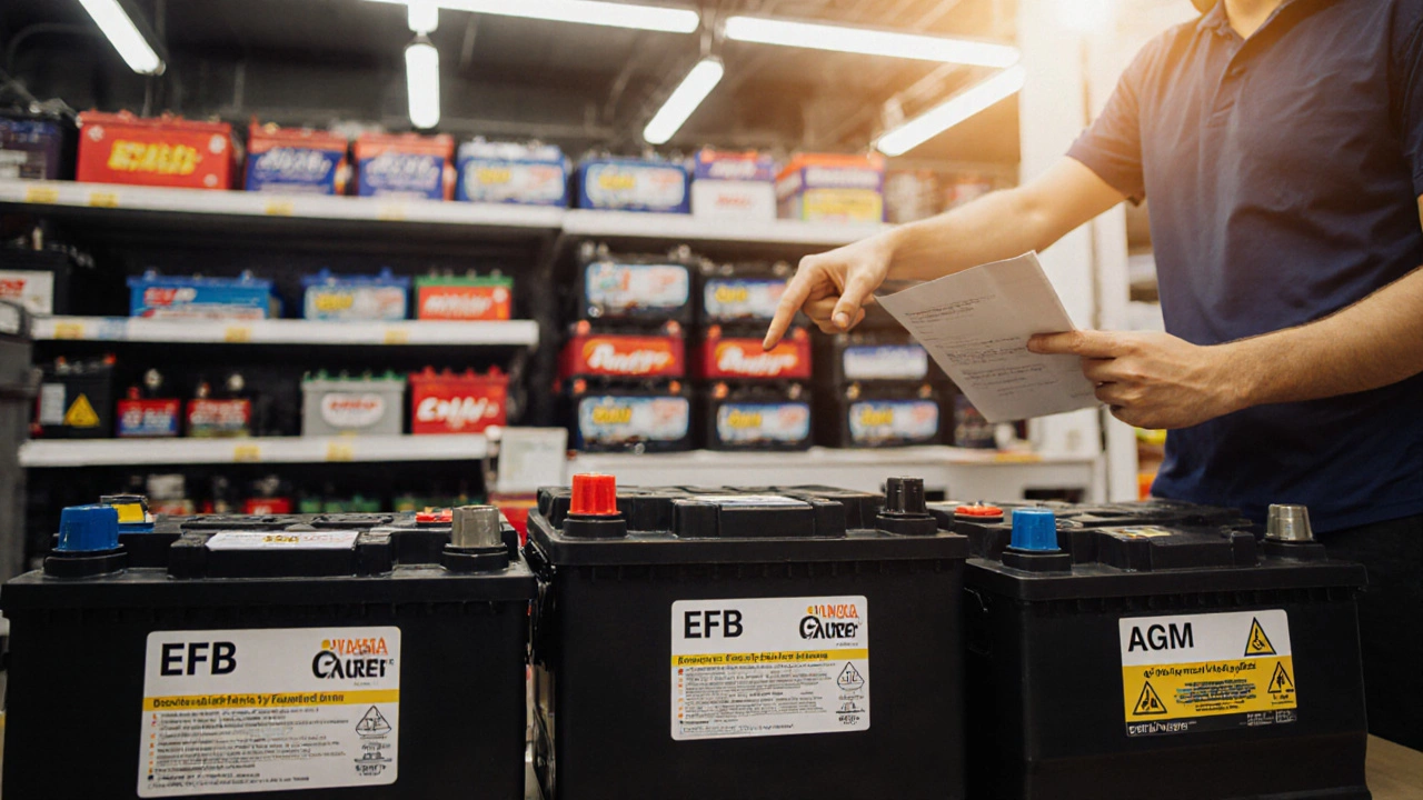 Три типа автомобильных аккумуляторов — LF, EFB и AGM — на полке автосалона.