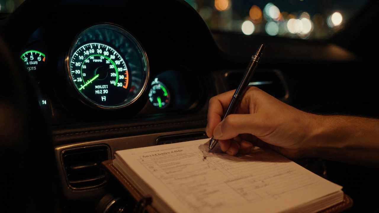 Водитель проверяет давление масла и записывает данные в сервисную книжку.