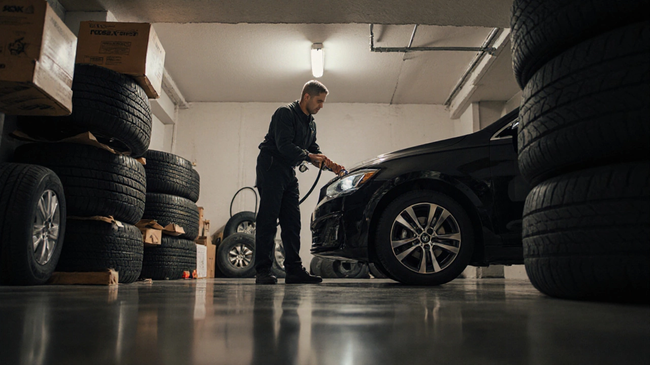 Водитель в гараже проверяет давление в всесезонных шинах рядом со сложенными сезонными шинами.