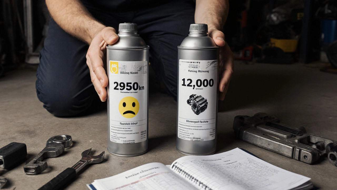 Два масляных баллона: один с высокой ценой и грустным лицом, другой — с низкой ценой и улыбающимся двигателем на фоне гаража.