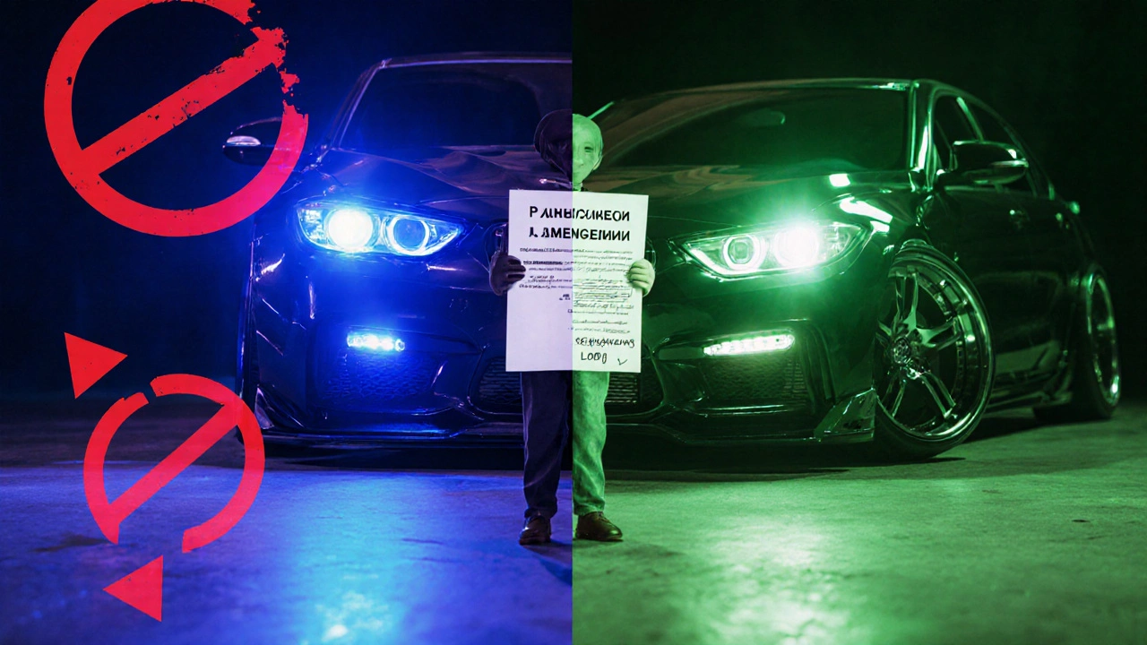 Двустороннее изображение: слева — нелегальный тюнинг с запрещающими символами, справа — легальные модификации с зелёным светом одобрения.