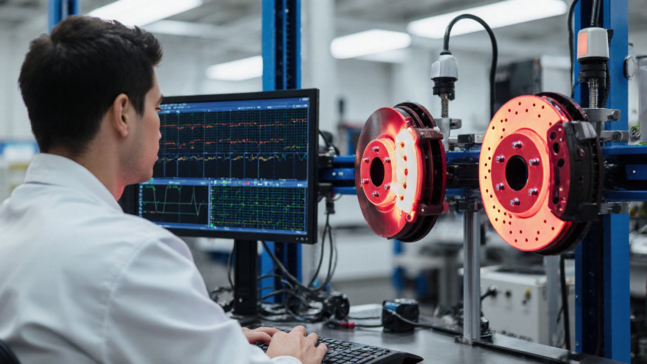 Инженеры в лаборатории наблюдают за тестированием тормозных колодок под тепловизором, колодки раскалены.