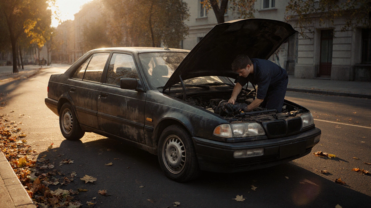 Классический автомобиль с открытым капотом в сумерках, механик меняет масляный фильтр на фоне осенней улицы.