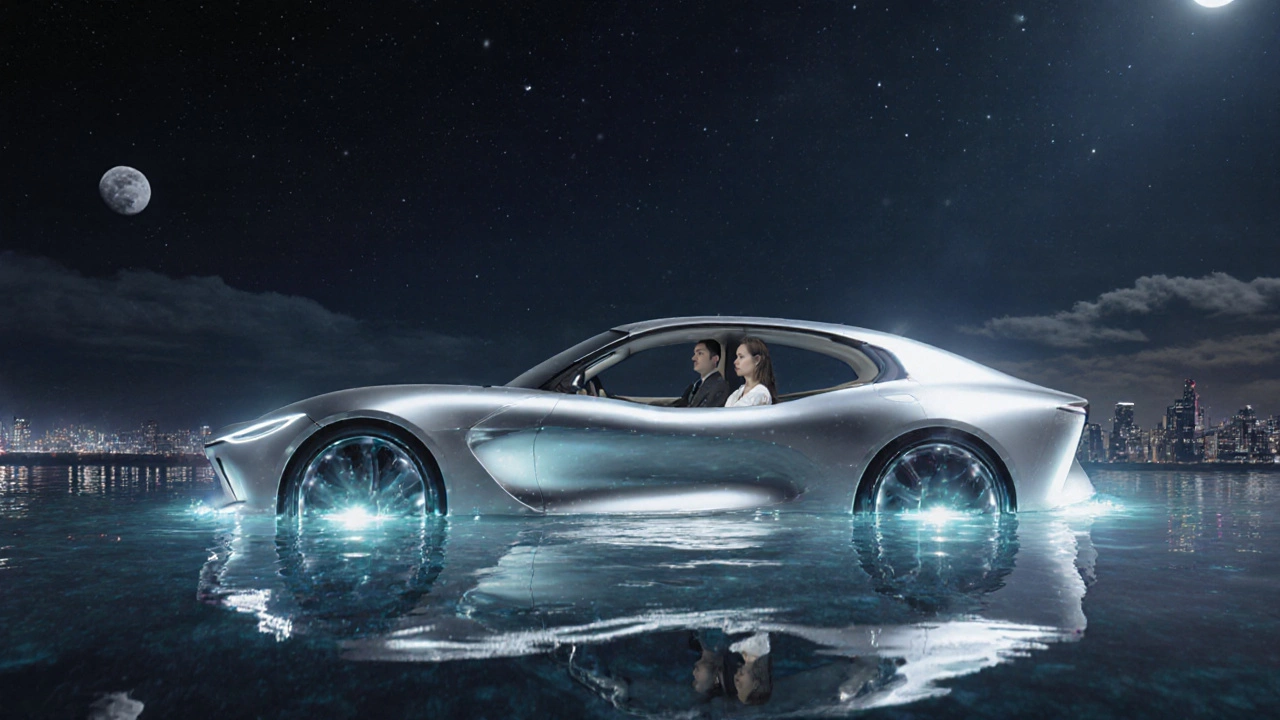 Концепт-кар Люксембург как сияющая серебряная волна без колёс и дверей в лунном свете.