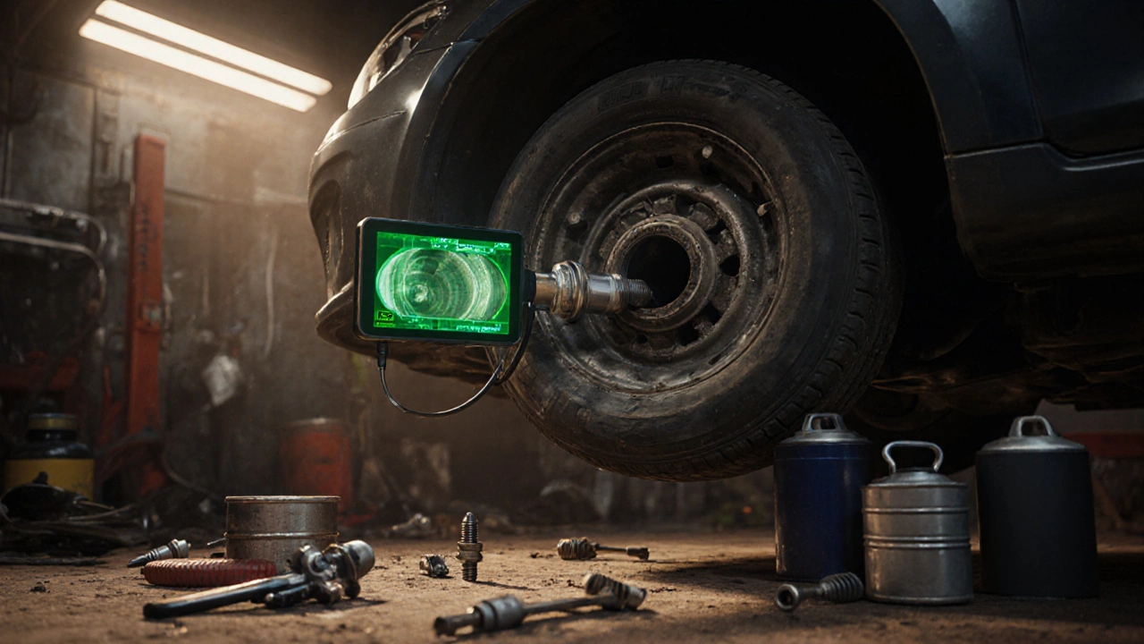 Механик осматривает цилиндр двигателя эндоскопом, на экране видны следы масла и износ стенок.