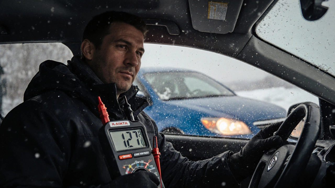 Механик проверяет напряжение AGM-аккумулятора мультиметром в зимней автосервисной мастерской, за окном метель.