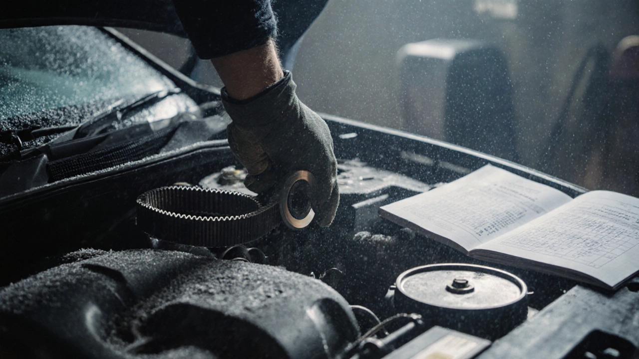Механик проверяет ремень ГРМ на износ в холодном моторном отсеке