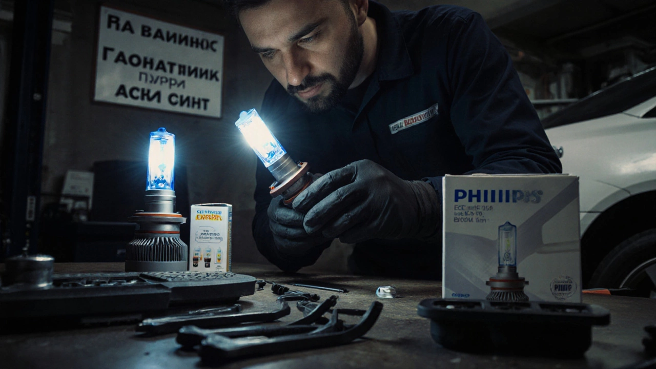 Механик заменяет синие лампы на сертифицированные белые в автосервисе, на столе видны упаковки с маркировкой ECE.