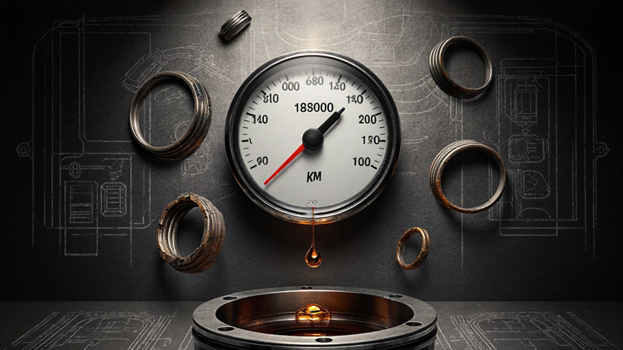 Одометр на 180 000 км с изношенными поршневыми кольцами и маслосъемными колпачками, парящими вокруг.