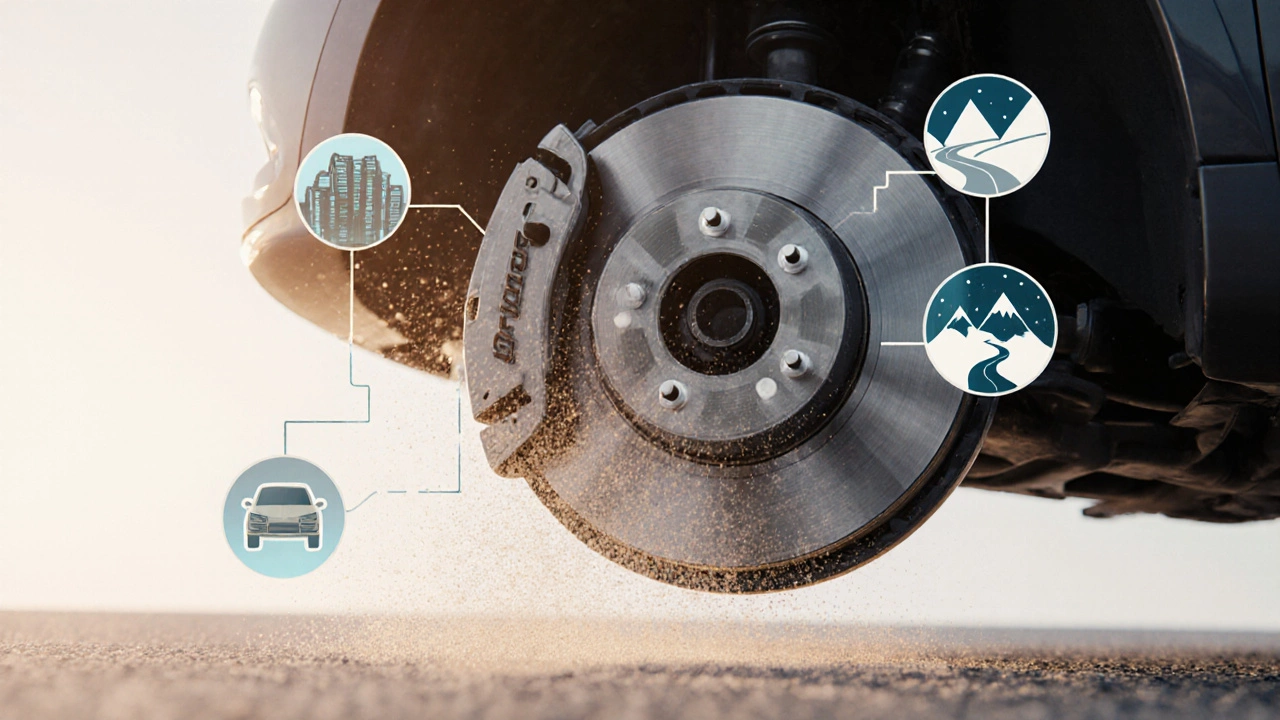 Прозрачная модель тормозной системы с керамическими колодками, вокруг — символы городской, горной и зимней езды.