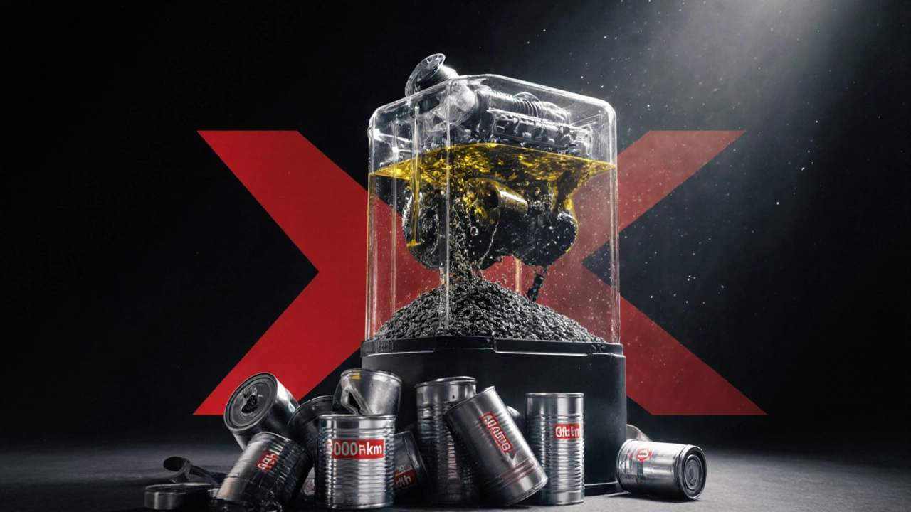 Прозрачный двигатель с циркулирующим чистым маслом и отловленными загрязнениями в фильтре, красный крест над бывшими банками масла.