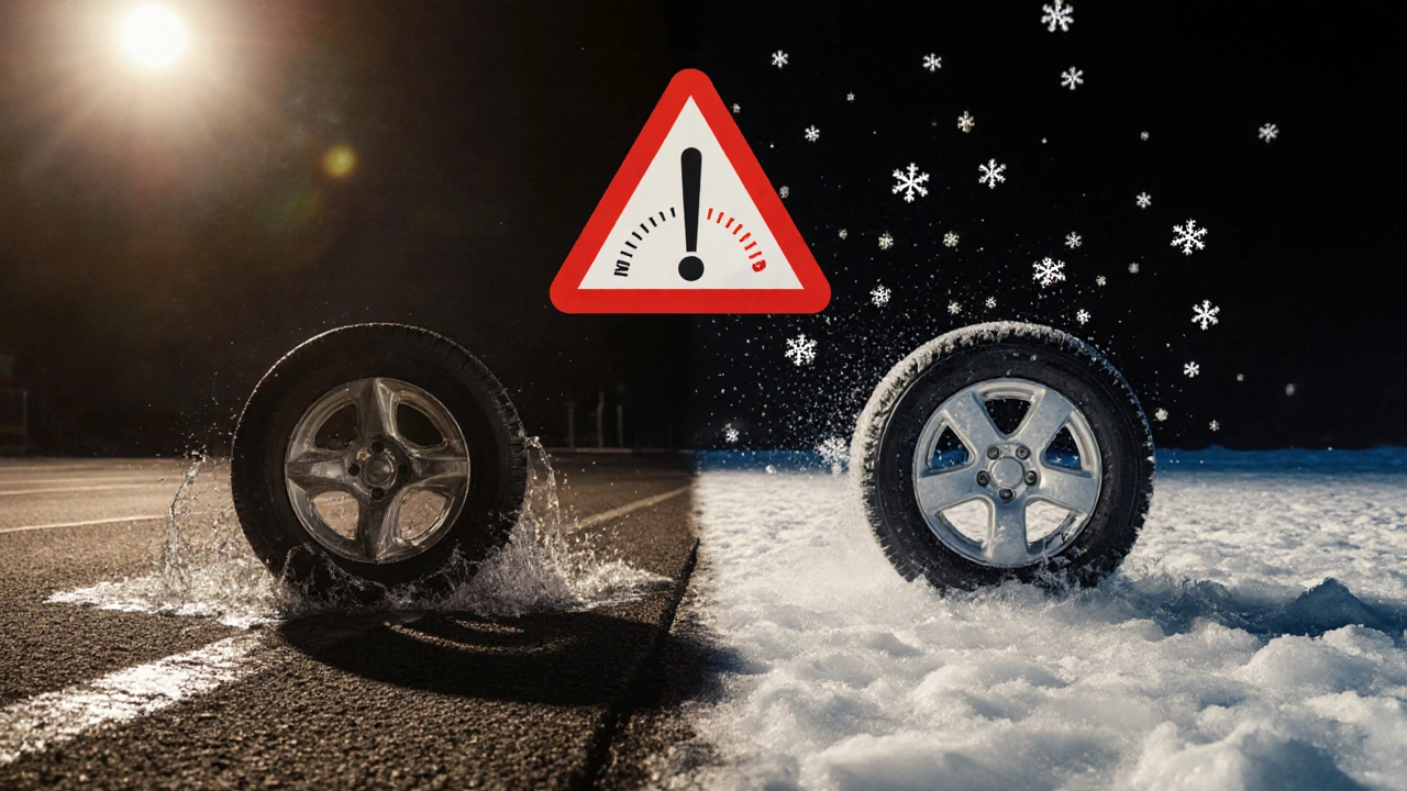 Разделенная дорога: летние и зимние шины на разных температурах, предупреждающий знак между ними.