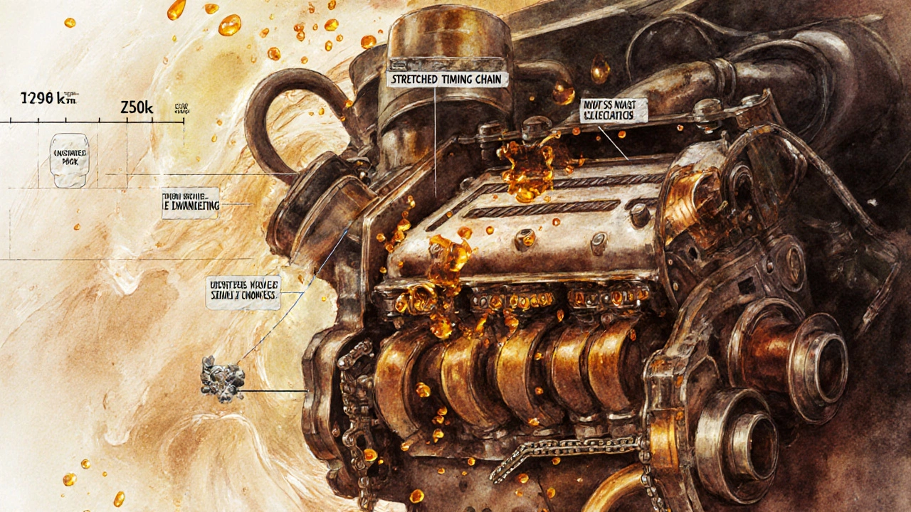 Разрез старого мотора с выделенными изношенными деталями и частицами защитных присадок в масле.