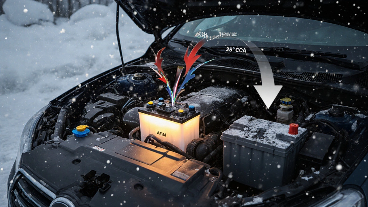 Сильный морозный запуск двигателя: мощный AGM-аккумулятор подаёт ток стартеру, а обычный аккумулятор ломается.
