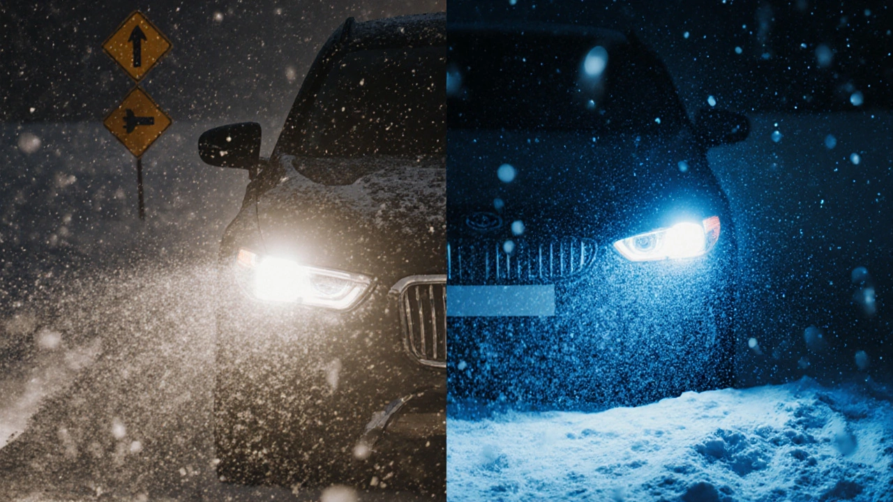 Сравнение: слева — белый свет фар в снегопаде, справа — синий свет, создающий ослепительный туман.