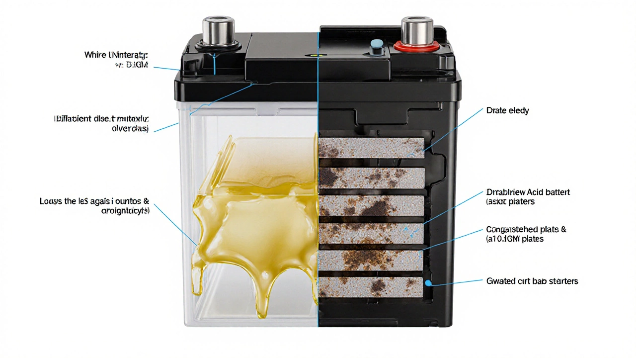 Сравнение внутреннего устройства AGM-аккумулятора и обычного свинцово-кислотного — стекловолоконная матрица против протекающей кислоты.