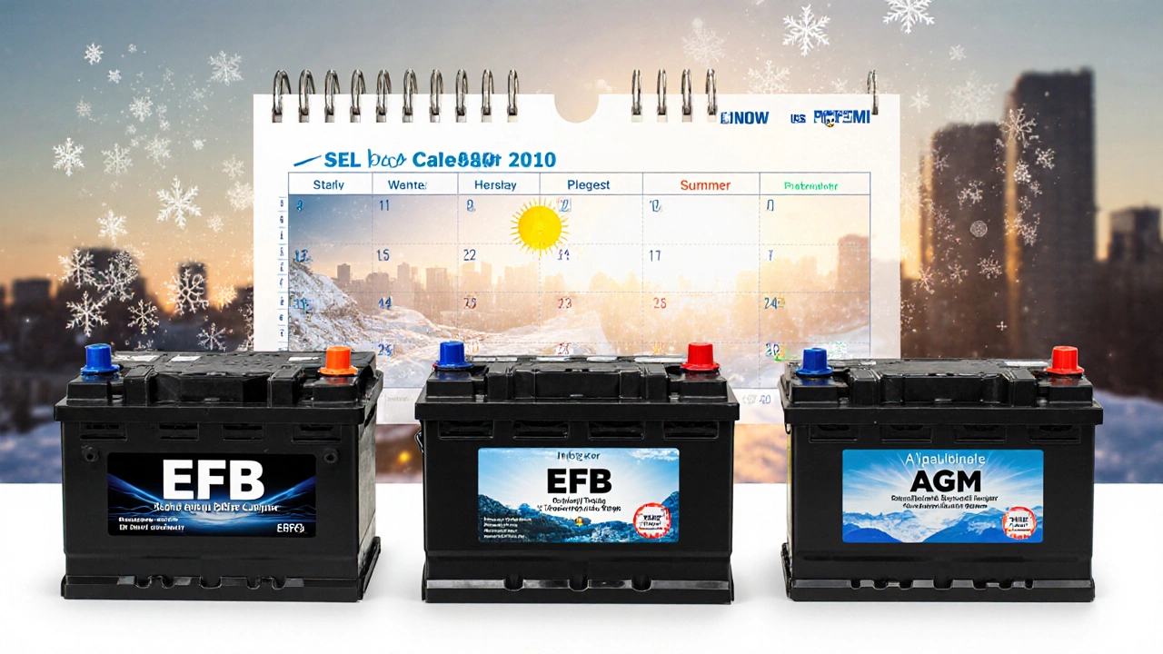 Три типа аккумуляторов с указанием их применения: обычный, EFB и AGM, на фоне смены сезонов.