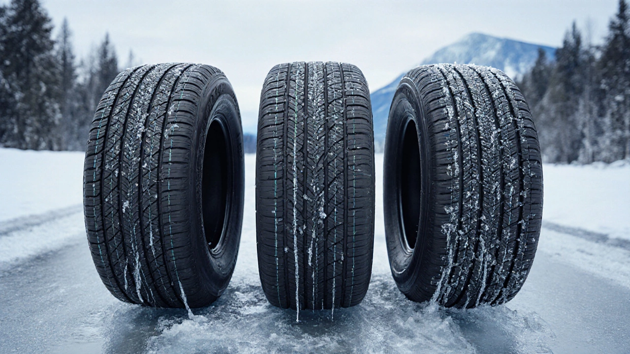 Три зимние шины с глубоким протектором и ламелями на льду, детализированная текстура резины.