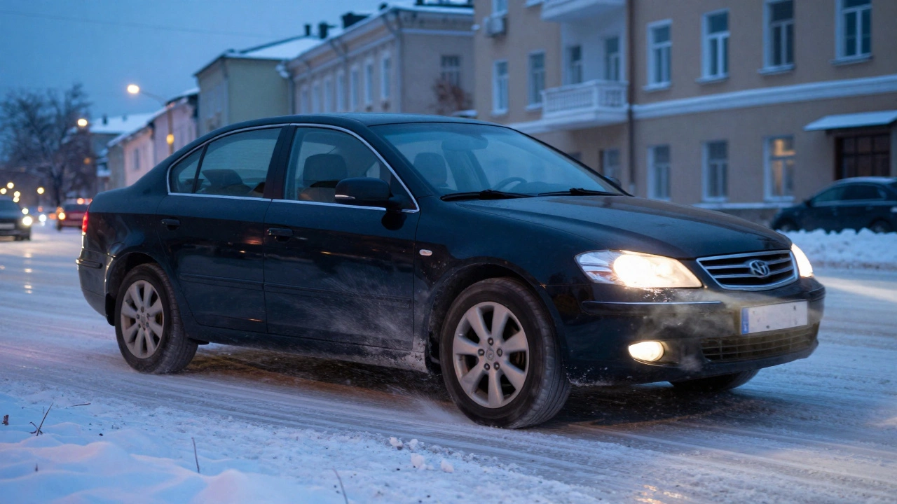 Автомобиль тормозит на заснеженной дороге при сумерках, видны брызги снега и колеса.