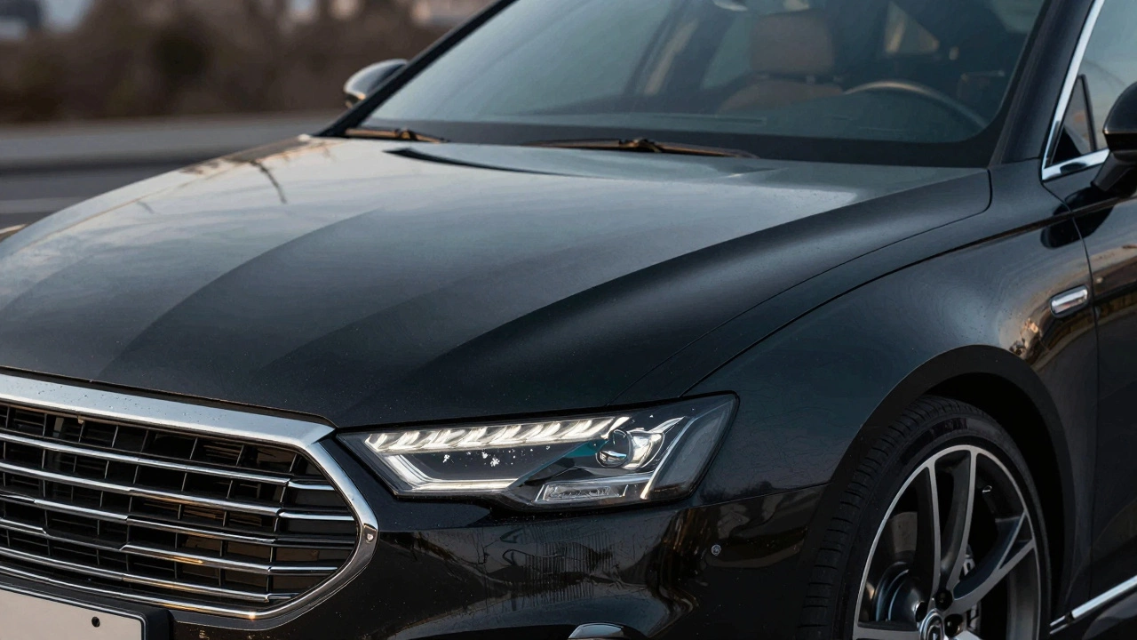 Детали стайлинга: матовый капот, хромированная решётка и тонированные стёкла на фоне размытого города.