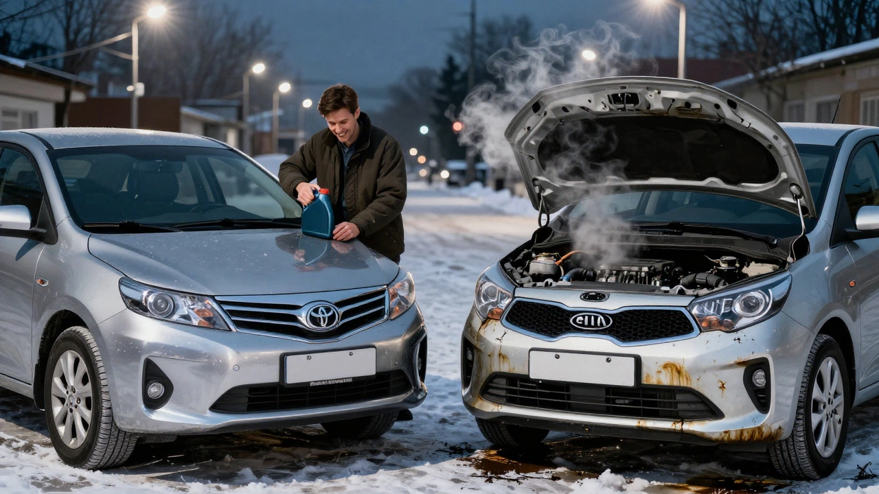 Два автомобиля рядом: один с высоким пробегом в идеальном состоянии, другой с низким пробегом, но сломанный.