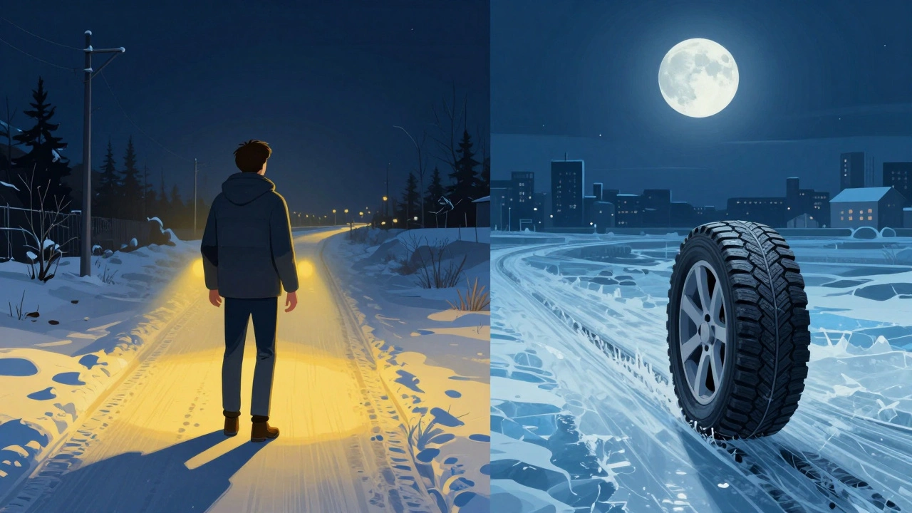 Два пути: безопасный с зимними шинами и опасный со всесезонками на снегу.