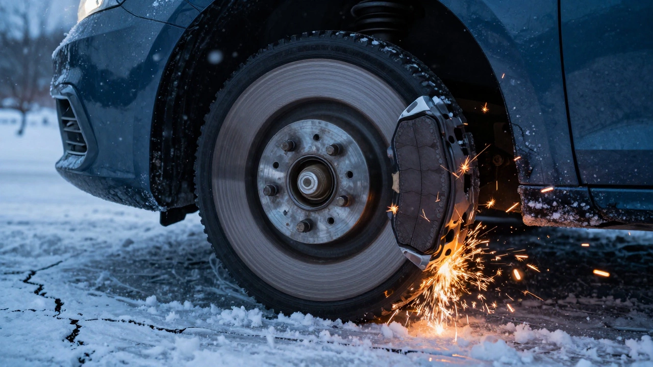 Изношенные тормозные колодки вызывают искры на мокром ледяном асфальте при экстренном торможении.