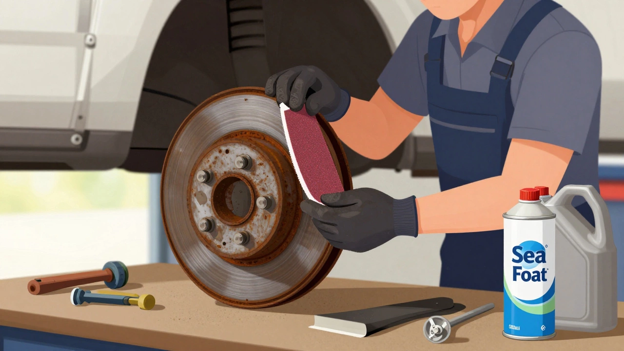 Механик аккуратно зачищает ржавчину с тормозного диска, рядом — свежее топливо и присадки.