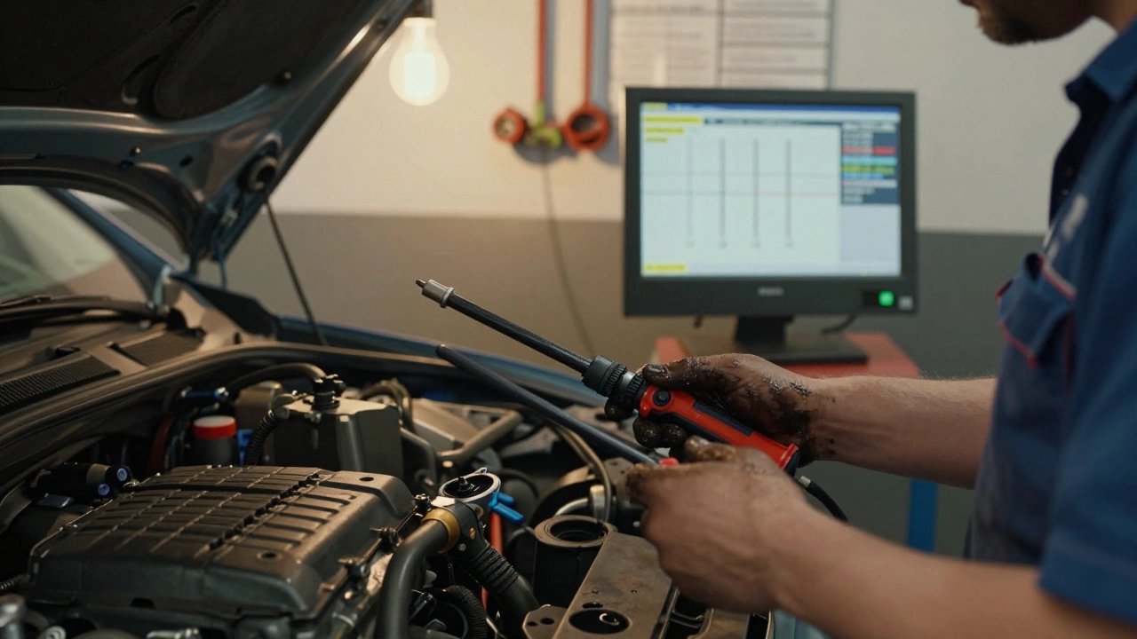 Механик проверяет компрессию двигателя в гараже, на экране — неравномерные показания.