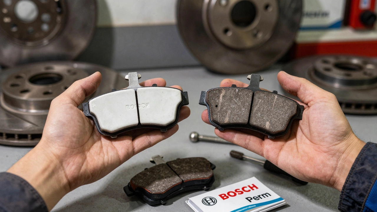 Механик сравнивает оригинальные и поддельные тормозные колодки на рабочем столе в автосервисе.