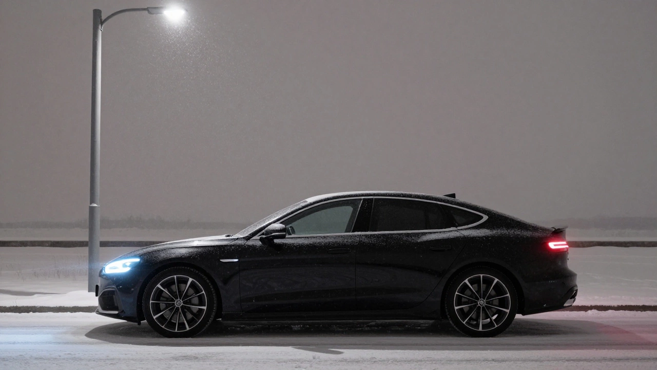 Минималистичная машина зимой с чёрной плёнкой и подсветкой под порогами, освещённая уличным фонарём.