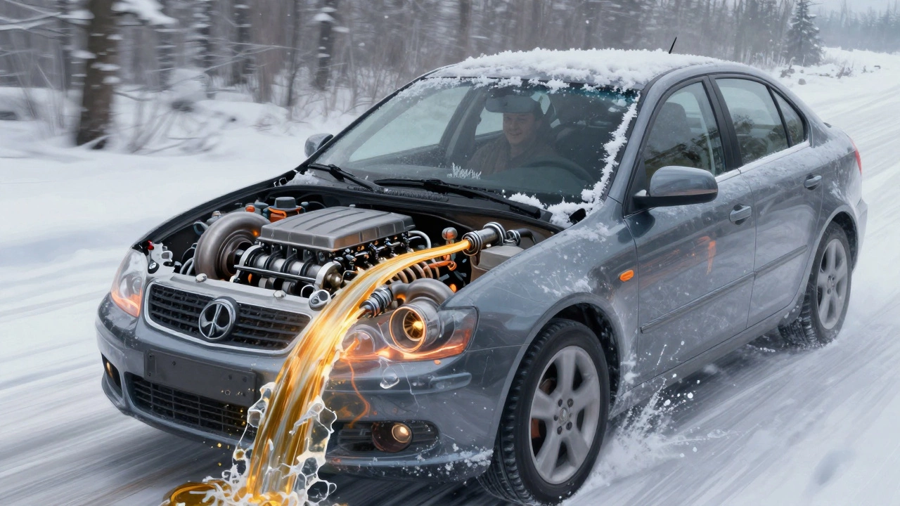 Прозрачный разрез двигателя автомобиля в снежной зимней дороге: свежее масло светится, старое — треснуло.