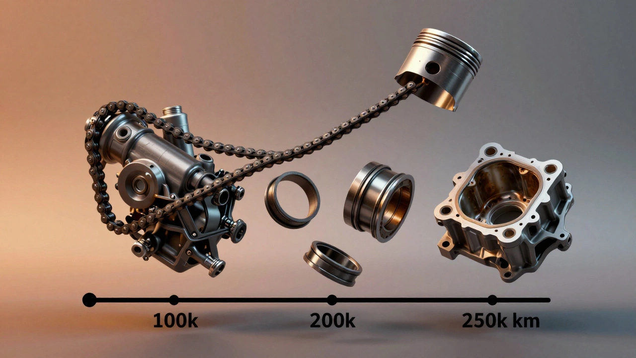Разобранный двигатель с изношенными деталями, парящими над шкалой пробега.
