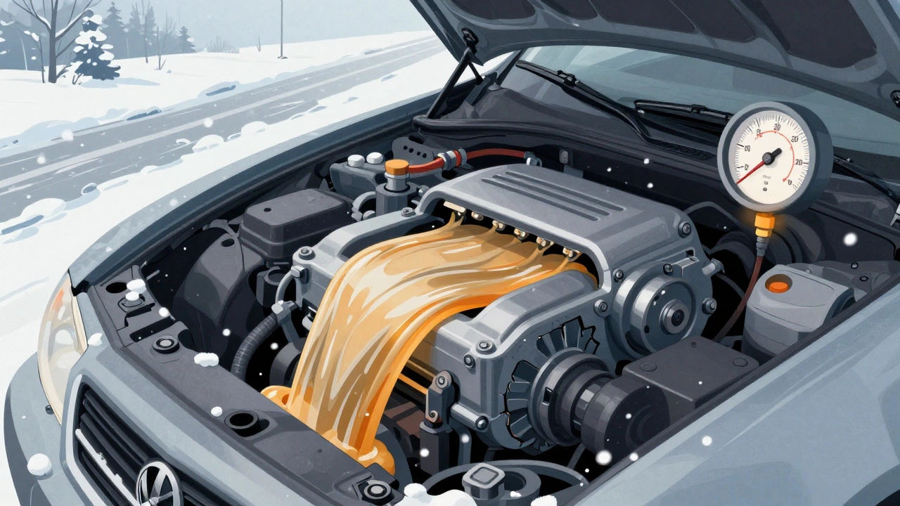 Разрез двигателя: синтетическое масло течет плавно, минеральное — трескается, температура -30°C.