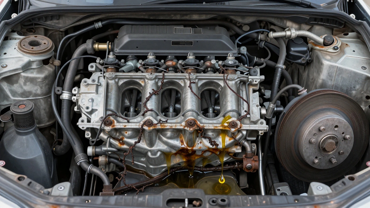 Рентген-вид двигателя: ржавчина и старое масло, капля свежего масла восстанавливает защиту.