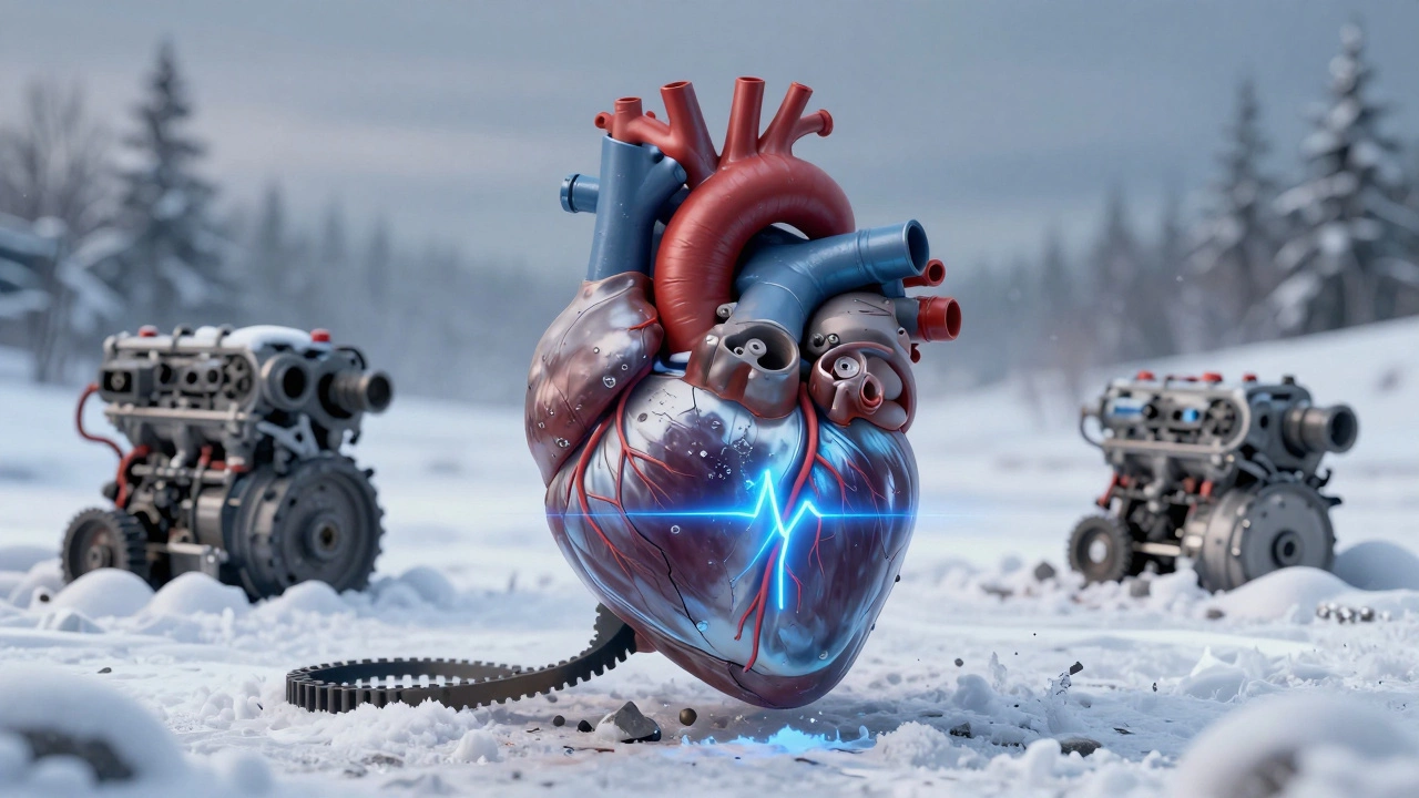 Сердце в виде автомобиля с масляными и охлаждающими трубками, символизирующее заботу о моторе.