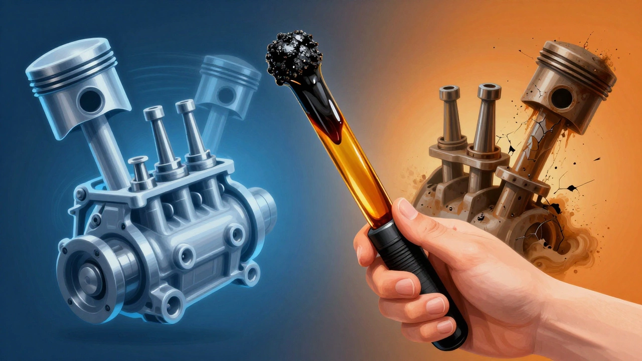 Сравнение чистого и отработанного моторного масла на щупе с абстрактным изображением двигателя.