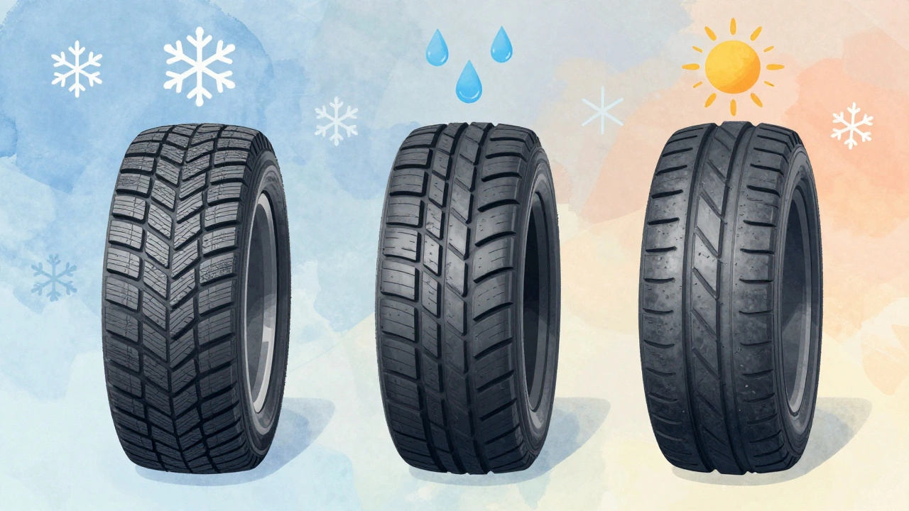 Сравнение протекторов зимней, всесезонной и летней шины с разной структурой ламелей.