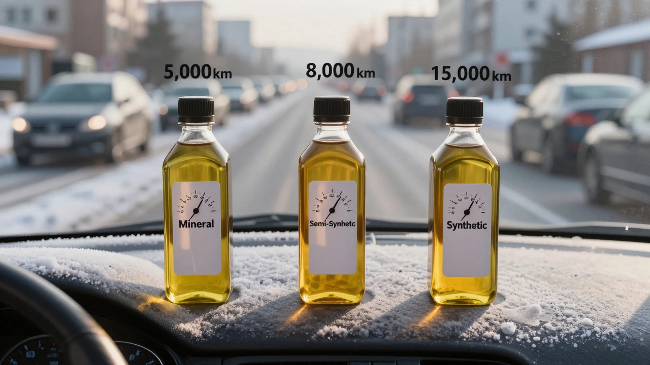 Три бутылки масла на приборной панели с разными пробегами, за окном снег и городская суета.