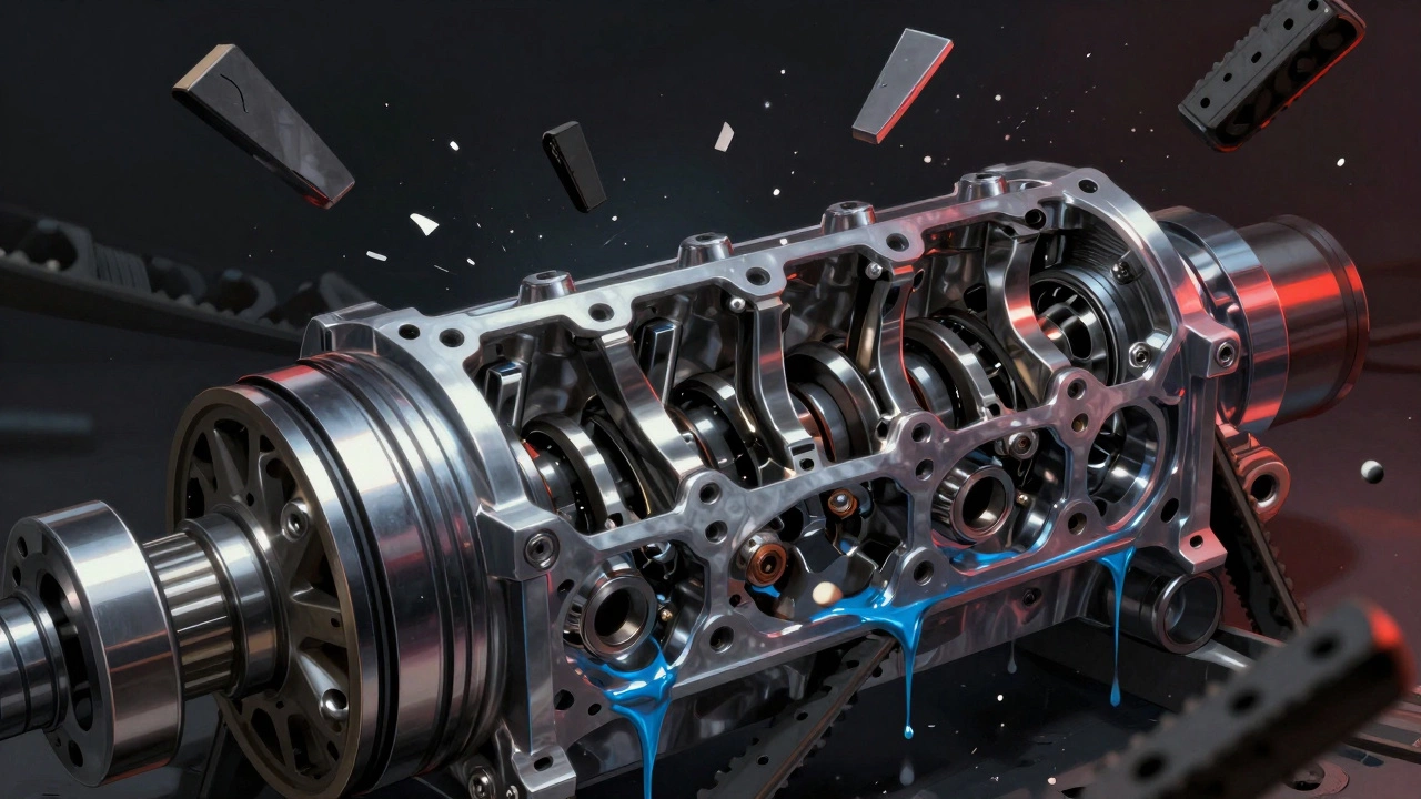 Внутреннее устройство двигателя во время разрыва ремня ГРМ: поршень ударяет по изогнутым клапанам.