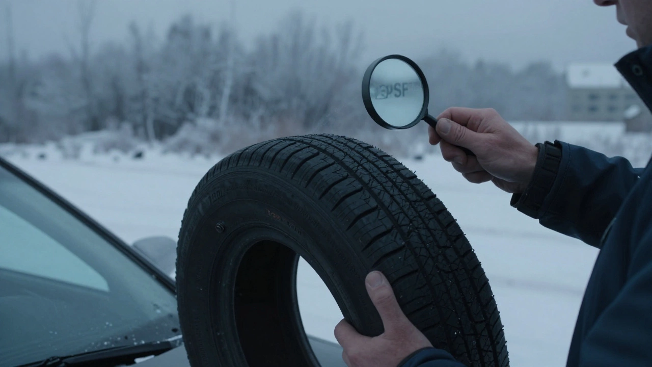Водитель проверяет дату производства шины на фоне зимнего пейзажа Перми.